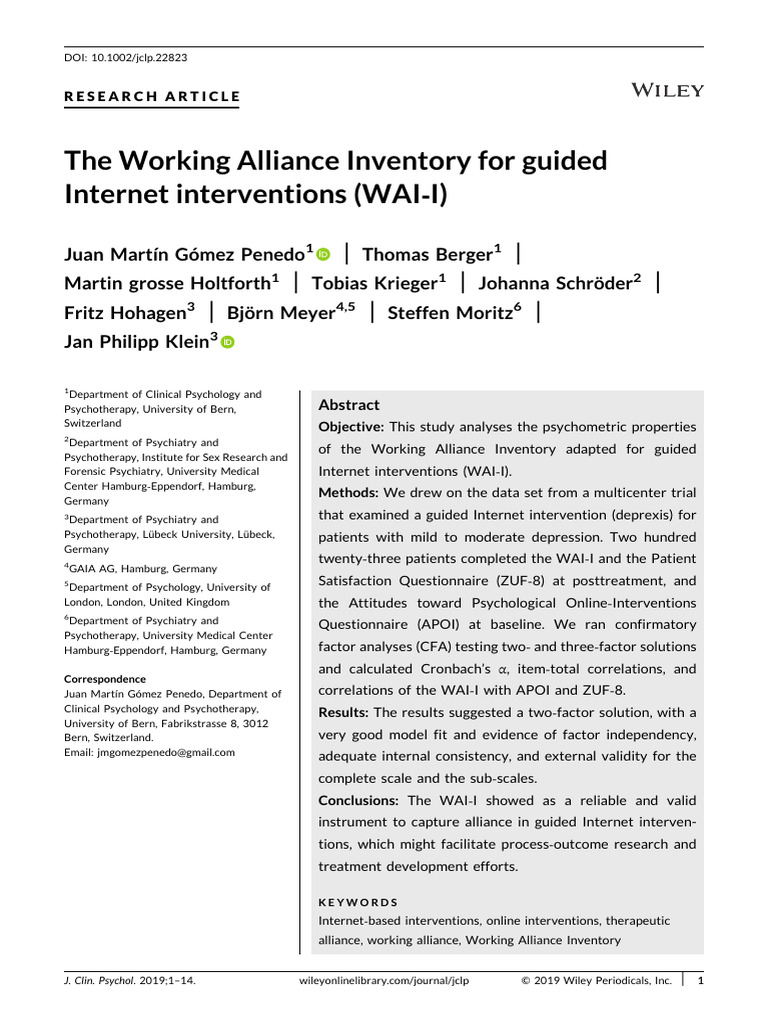 The Working Alliance Inventory For Guided | PDF | Psychotherapy | Major ...