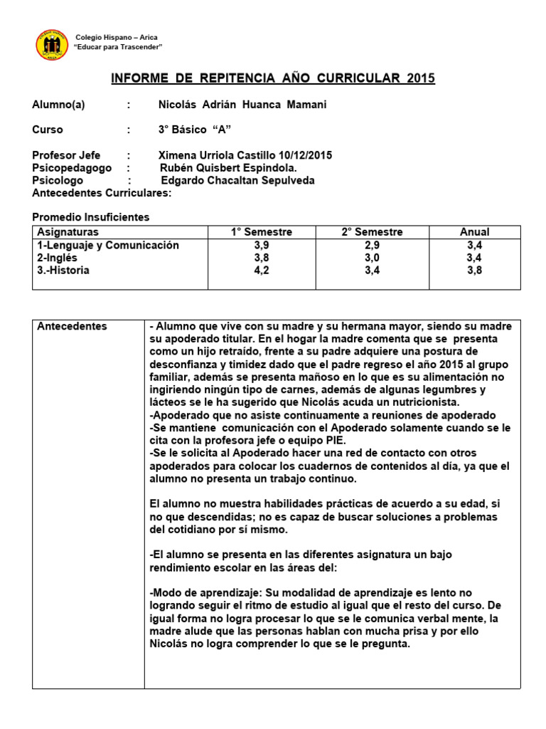 Informe de Repitencia 2015 | PDF | Maestros | Aprendizaje