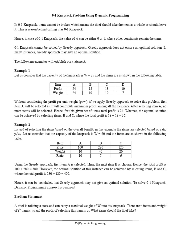 Knapsack Problem Using Dynamic Problem Solving | PDF | Theoretical ...