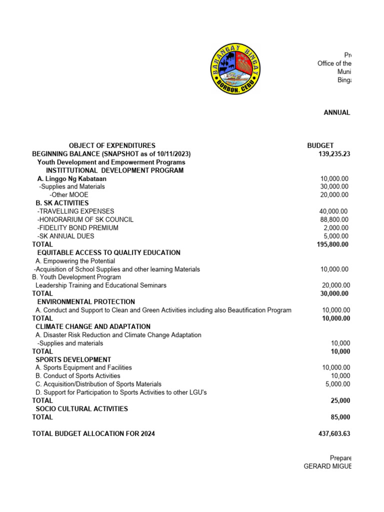 SK Annual Budget Plan 2024 SK BINGAY | PDF | Climate Change | Natural ...