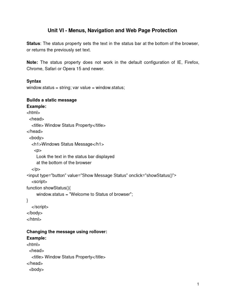 Unit VI Menus, Navigation and  Page Protection PDF Menu