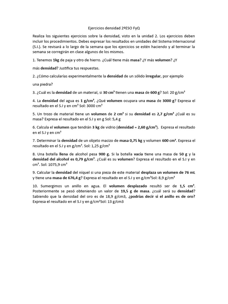 Ejercicios Densidad 2ºESO FyQ | PDF