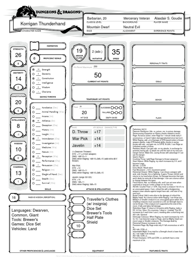 Korrigan Thunderhand - 20th Level Dwarf Barbarian | PDF | Role Playing ...