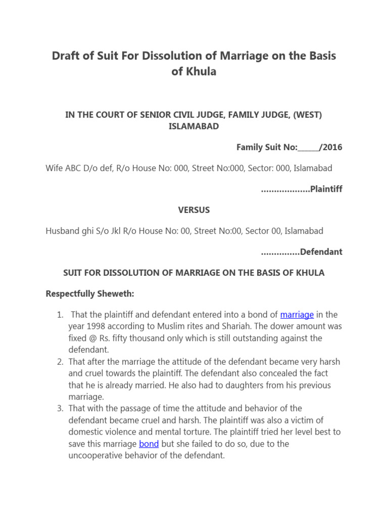 Suit For Khula | PDF | Marriage | Justice