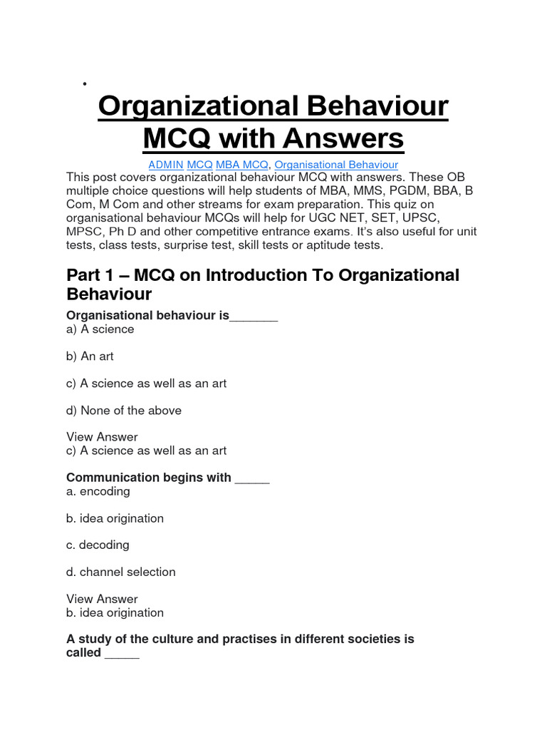 Organizational Behaviour MCQs for MBA | PDF | Organizational Behavior ...