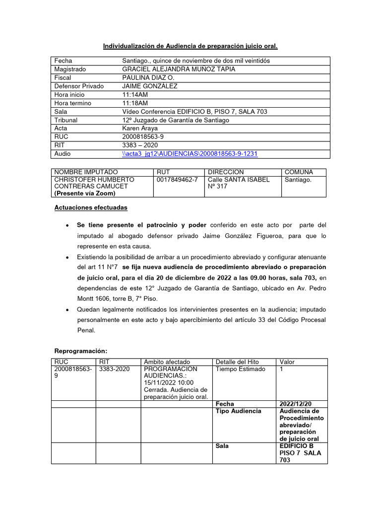 Audiencia de Preparación Juicio Oral Santiago | PDF | Justicia | Crimen ...