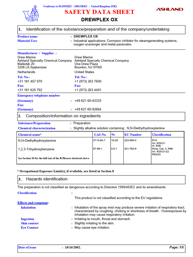 DREWPLEX OX Safety Data Sheet | PDF | Magnesium | Personal Protective ...
