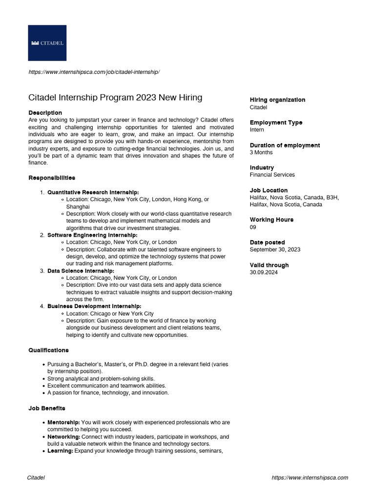 Citadel Internship Program 2023 Overview | PDF | Internship | Job Hunting