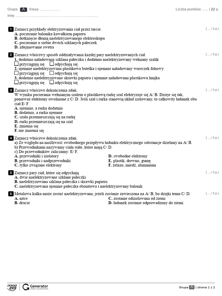 Test 1. Elektrostatyka Test z widoczna punktacja PDF