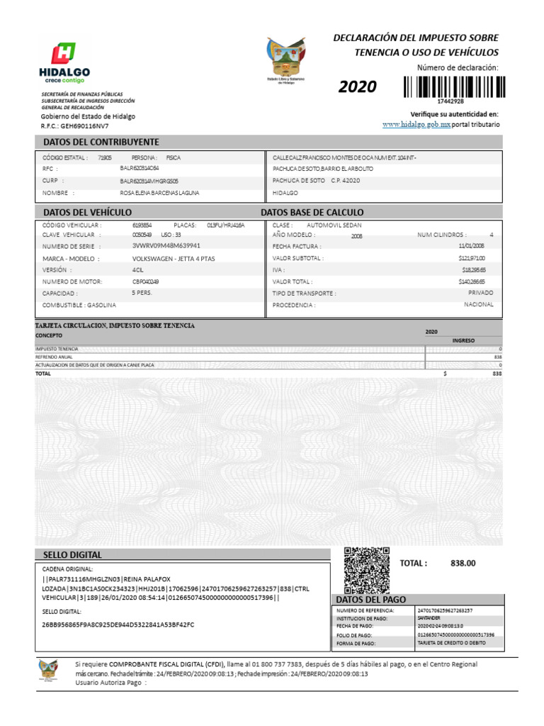 Impuesto Tenencia Vehicular Hidalgo 2020 | PDF | Pagos | Vehículos ...