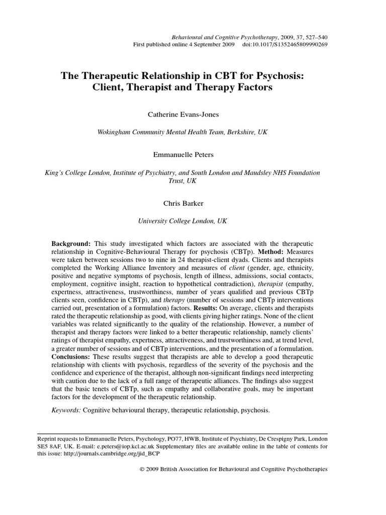 Therapeutic Relationship CBT Psychosis PDF Psychotherapy Psychosis