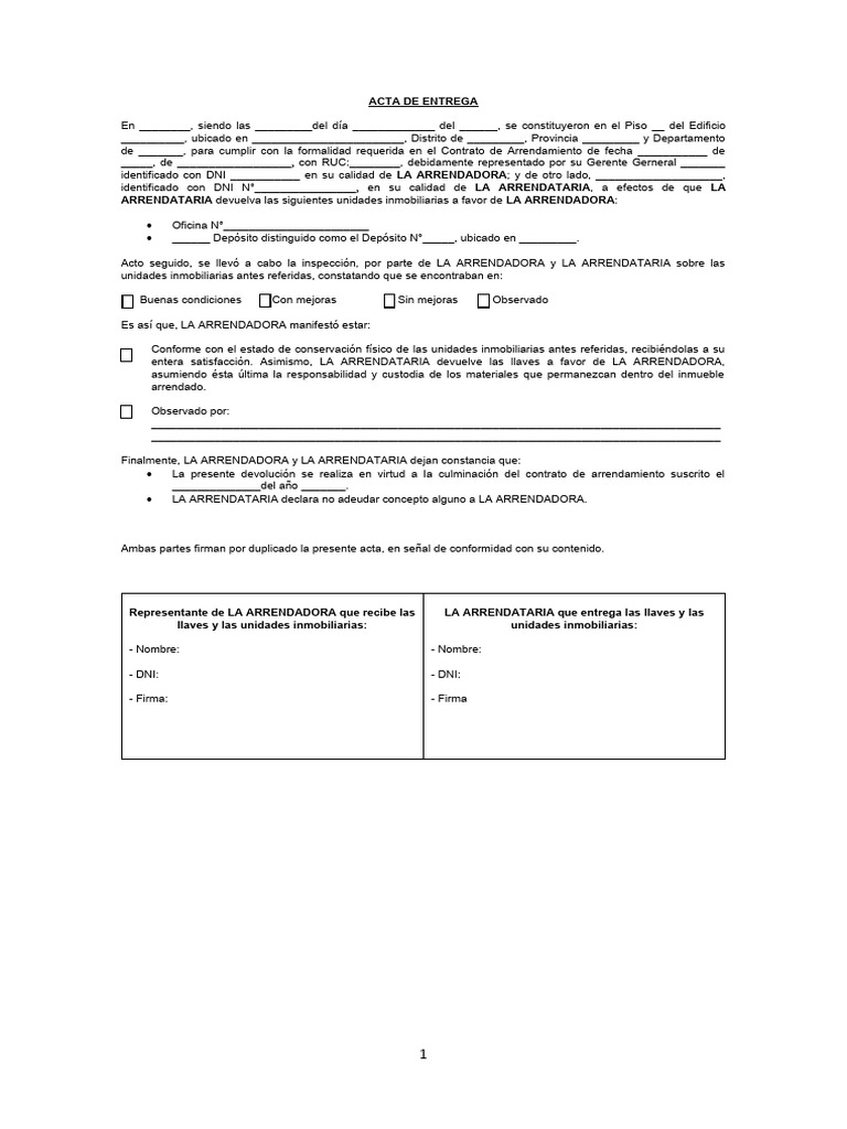 Acta de entrega despu s de arrendar descargar gratis pdf derecho
