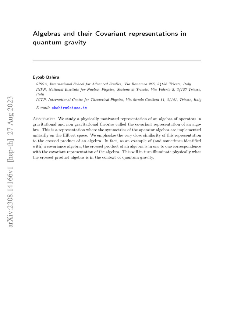 Algebras and their covariant representations in quantum gravity pdf