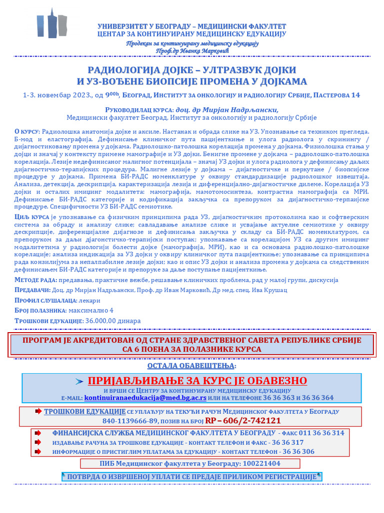 1 3 Novembar 2023 RADIOLOGJA DOJKE ULTRAZVUK DOJKI I UZ VODJENE ...