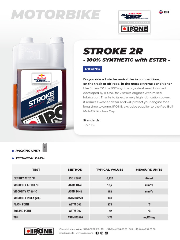 IPONE Stroke 2R Synthetic Oil Datasheet | PDF