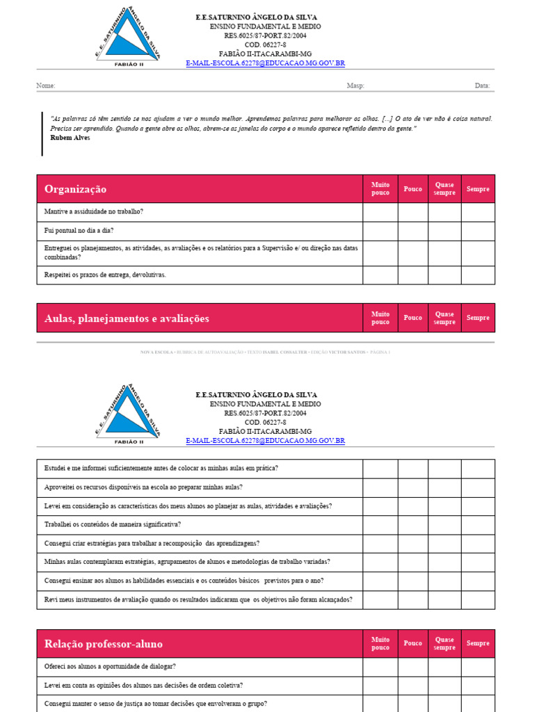 Ficha de Autoavaliação Docente | PDF | Escolas