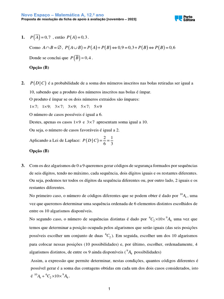 Resolução de Ficha de Matemática A 12º Ano | PDF | Matemática ...