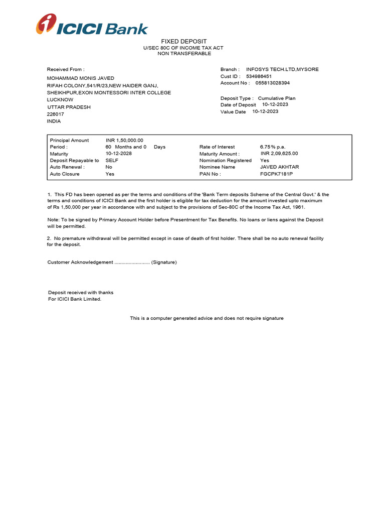 ICICI Bank Fixed Deposit Receipt | PDF