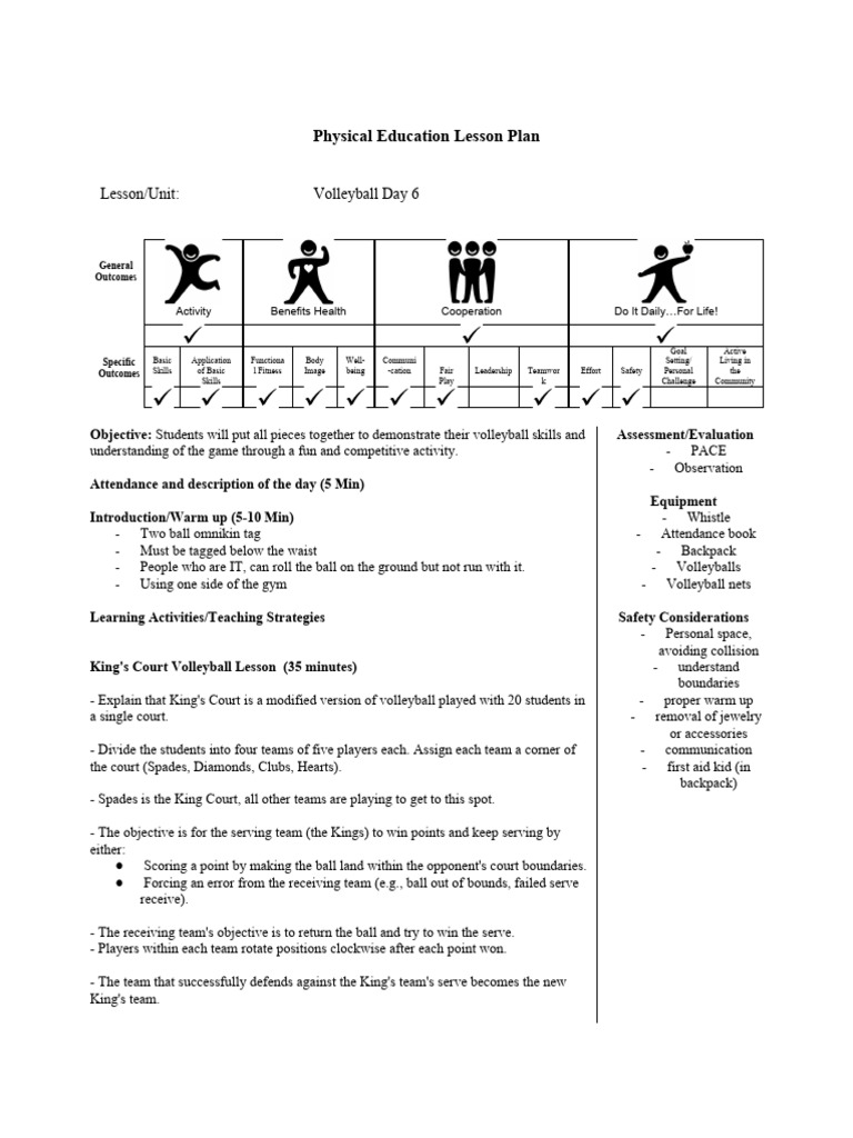 pe lesson plan volleyball day 6 PDF Volleyball Lesson Plan