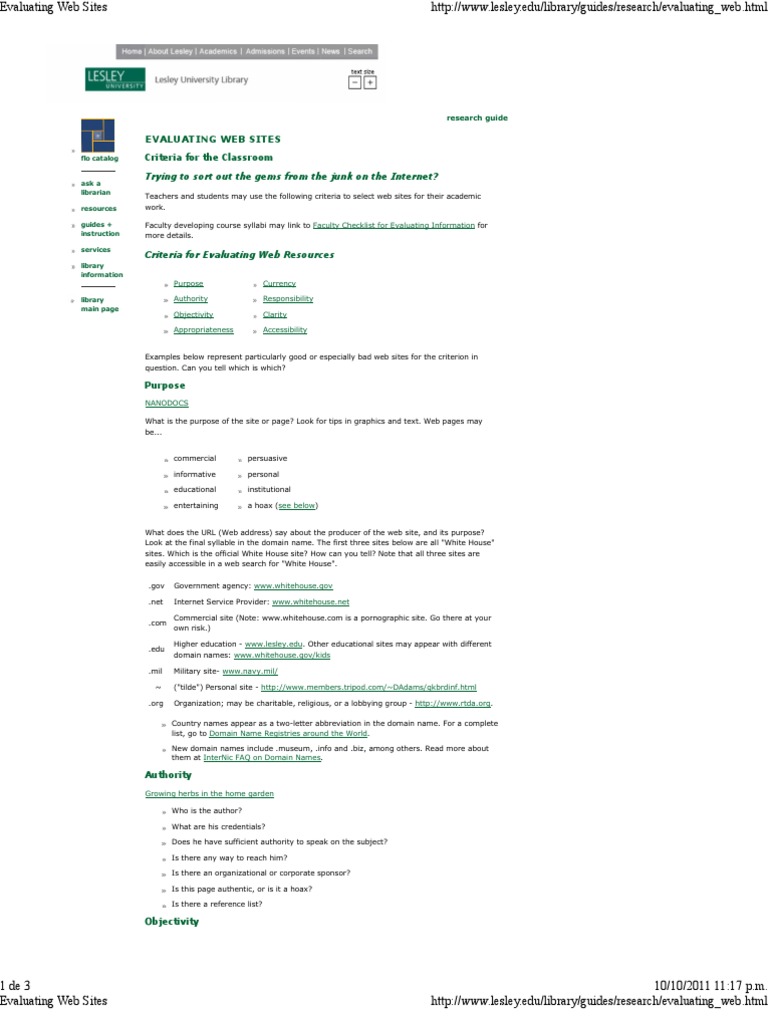 Evaluating Web Sites | PDF | Domain Name | World Wide Web