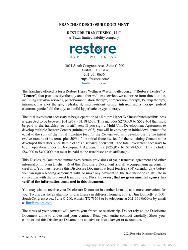 Restore - Franchise Disclosure Document - 74c9441e | PDF | Franchising ...