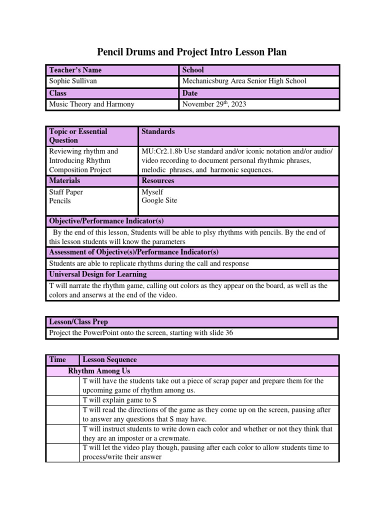Rhythm Composition Lesson Plan | PDF | Rhythm | Cognition