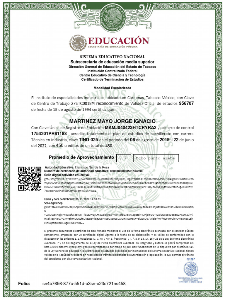 Certificado de Bachillerato SEP México | PDF