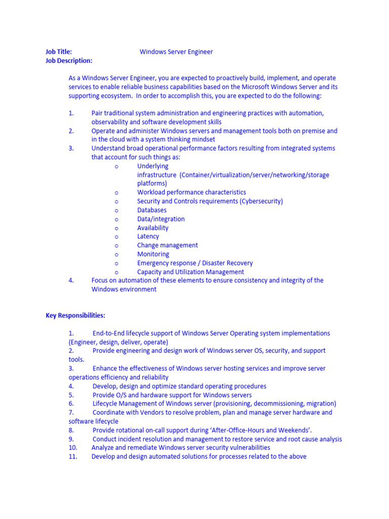 Windows Server Engineer JD | PDF | Microsoft Windows | Computer Security