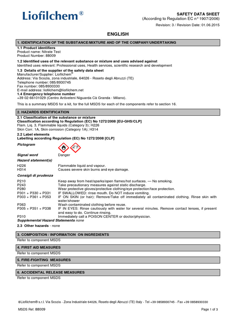 Nitrate Test ENGLISH SDS PDF Dangerous Goods Occupational Safety