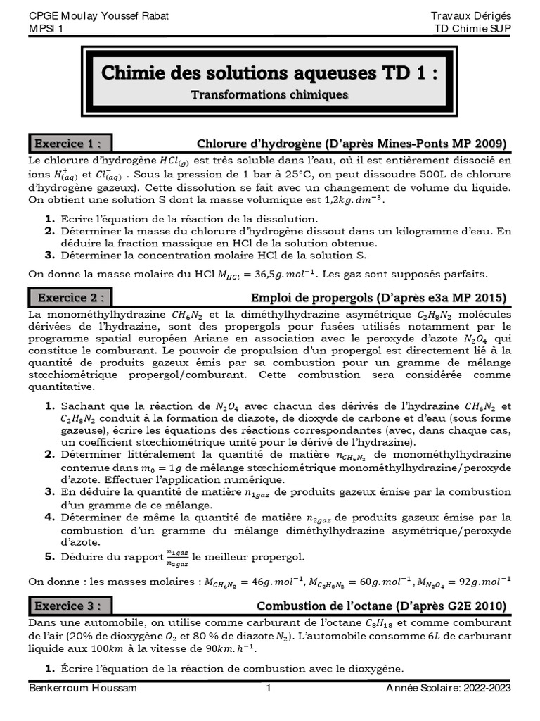 TD Chimie : Équilibres et Solutions | PDF | Ph | Équilibre chimique
