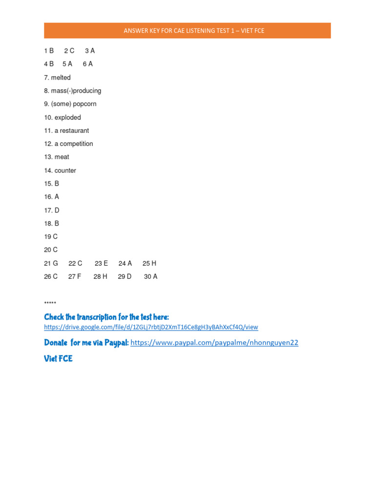 CAE Listening Test 1 Answer Key | PDF