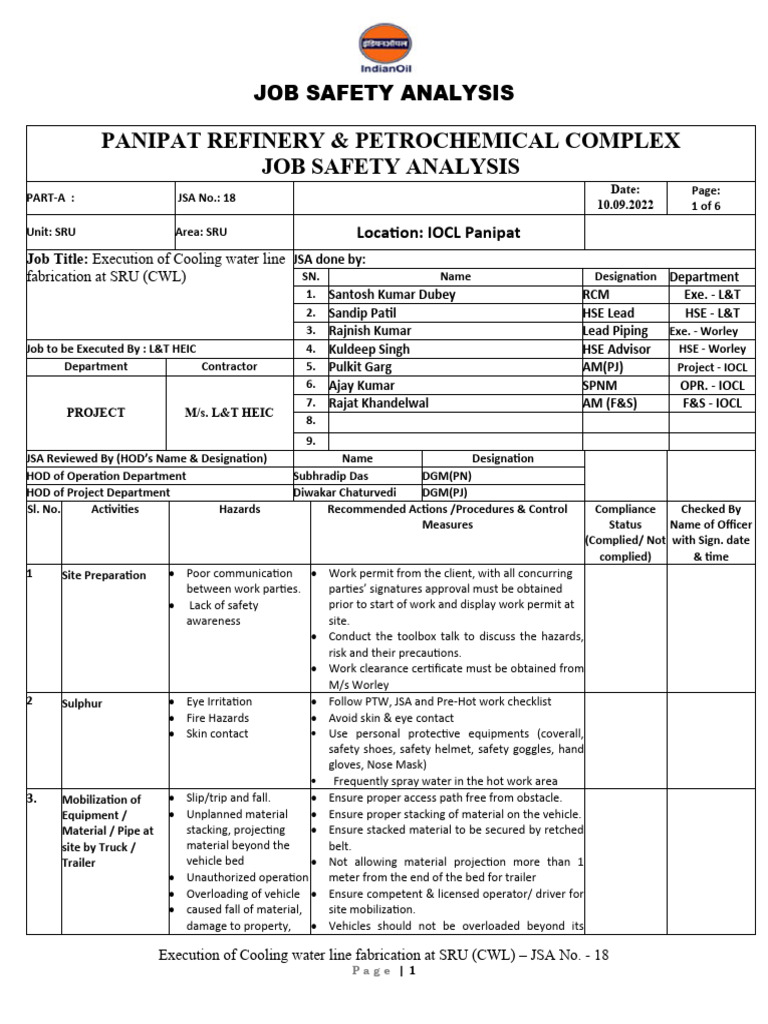 JSA for Cooling Water Line at SRU | PDF | Fires | Welding
