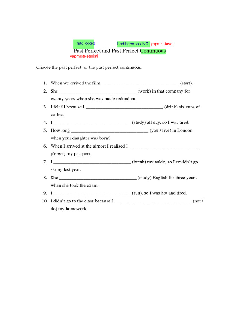 Past Perfect vs. Past Perfect Continuous Exercises | PDF | Language ...