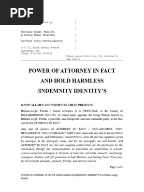 Power of Attorney (POA) - Hold Harmless & Indemnity/Identity's Agreement