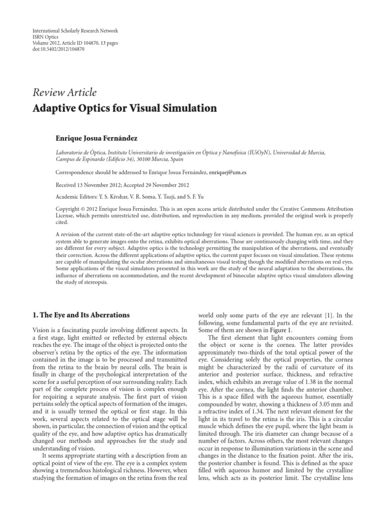 Review Article Adaptive Optics For Visual Simulation PDF Eye Optics