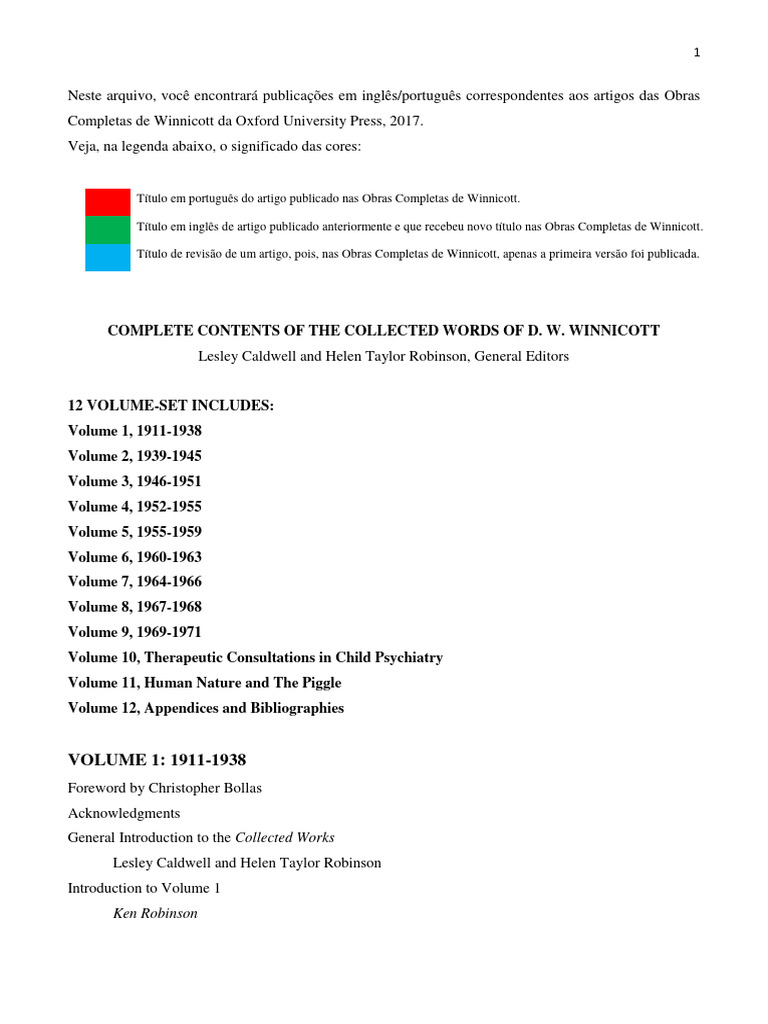 Complete Contents of The Collected Words of D. W. Winnicott | PDF ...