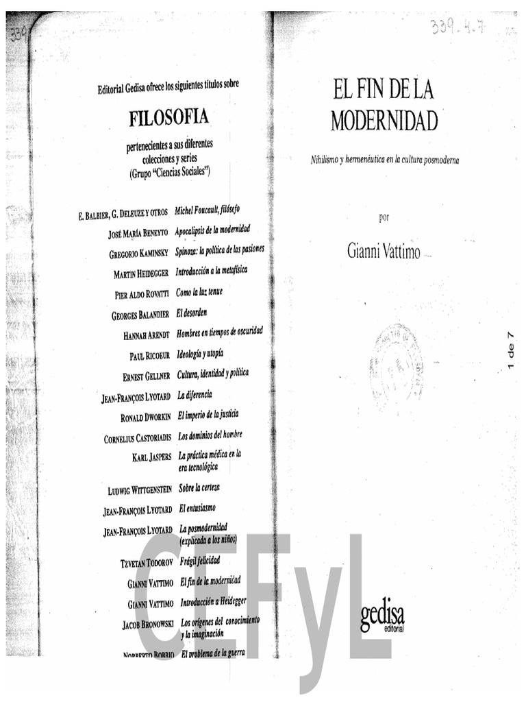 Vattimo Muerte o Crepúsculo Del Arte. Cap 3 de El Fin de La Modernidad 1 PDF Verdad