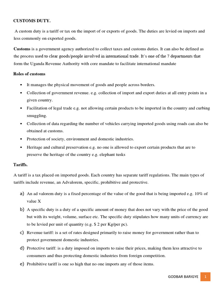 Customs Duty Note (International Finance) PDF Customs Taxes