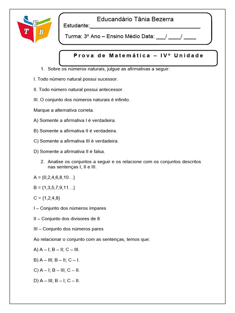 Prova IV Matemática 3.ano | Download grátis PDF | Notação matemática ...