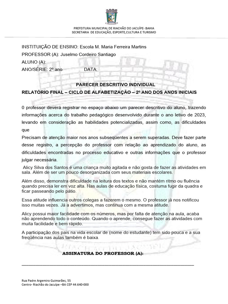 Parecer Descritivo 2º Ano - Alicy | PDF | Carreira e Crescimento