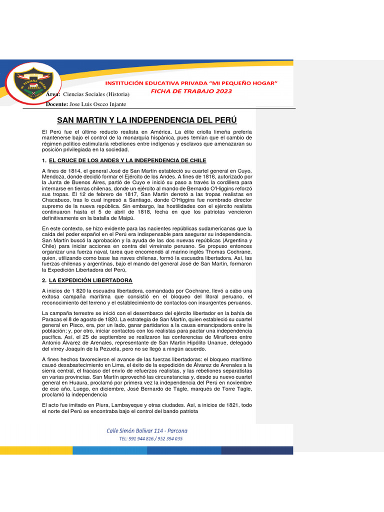 San Martín y la Independencia del Perú | PDF | Perú | Conflictos del ...