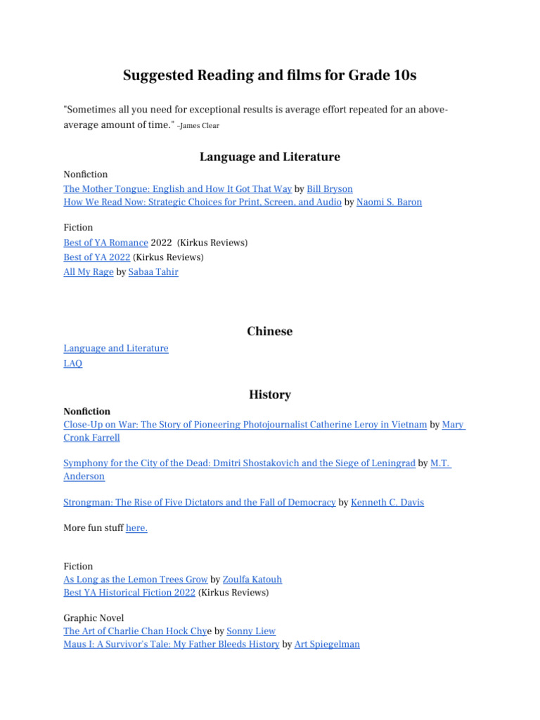 Gr 10 suggested summer reading and films pdf
