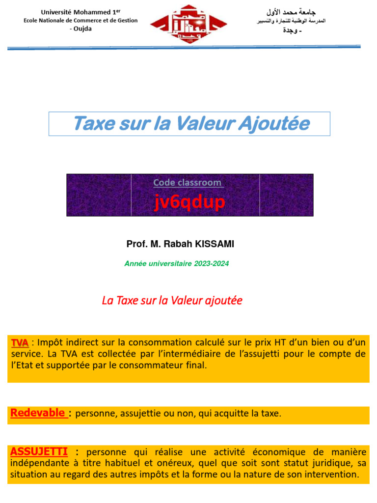 Cours de TVA au Maroc - Prof. Kissami | PDF | Taxe sur la valeur ...