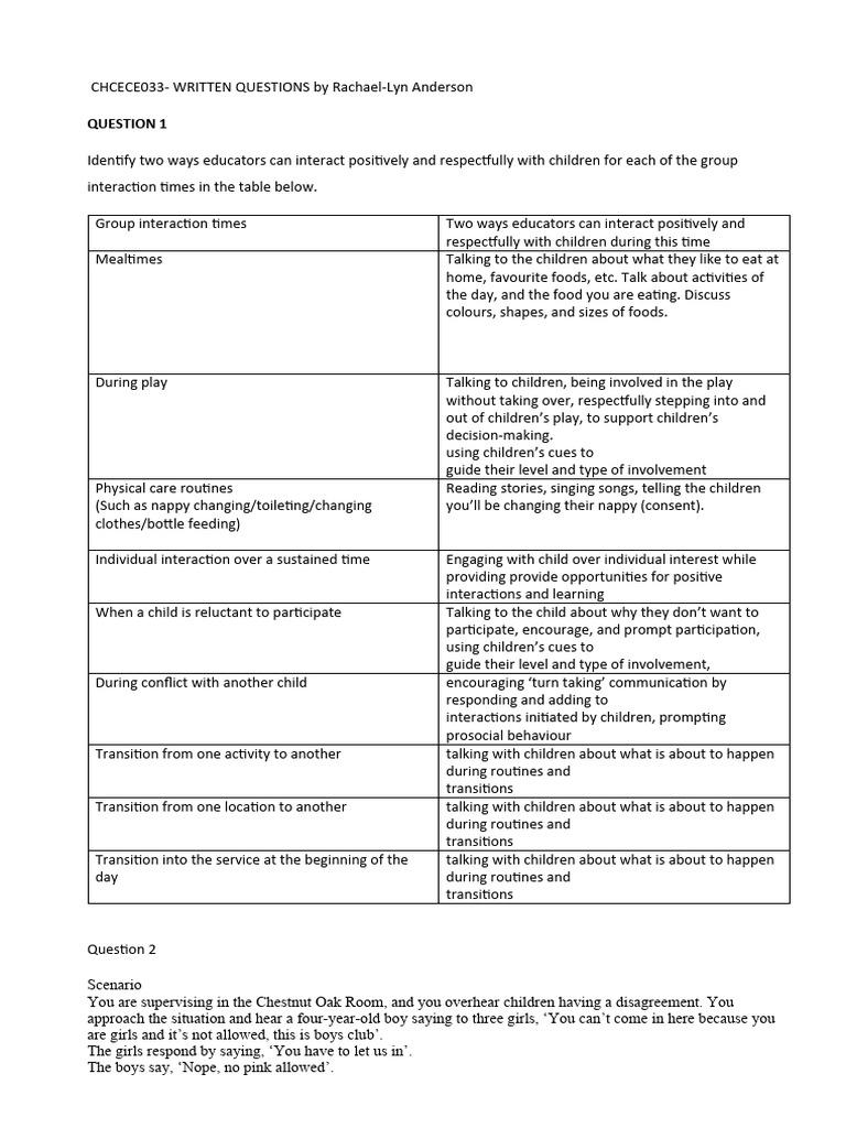 CHCECE033: Positive Child Interaction Strategies | PDF | Communication ...