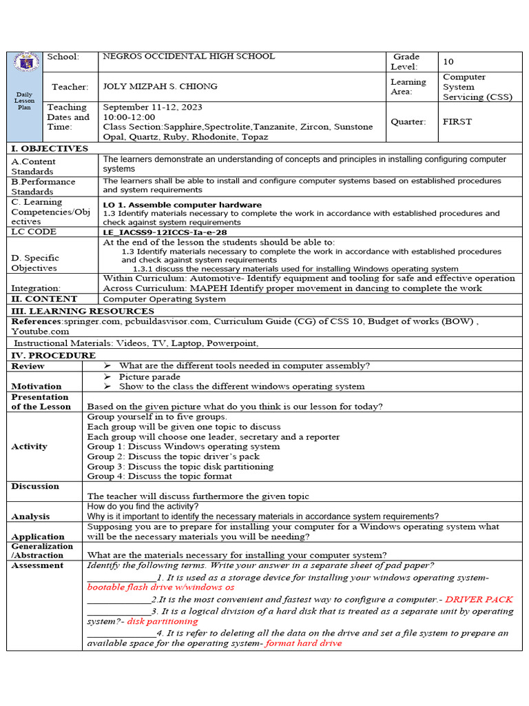 Css lesson plan grade 10 pdf operating system file system