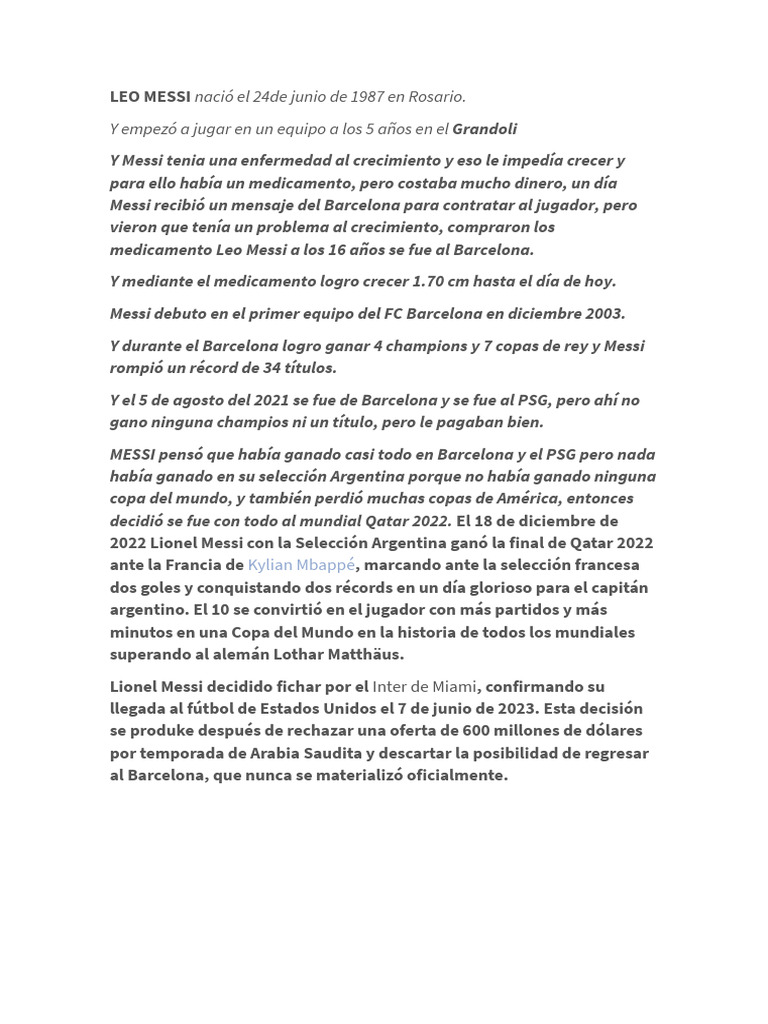 La trayectoria de Lionel Messi en el fútbol | PDF