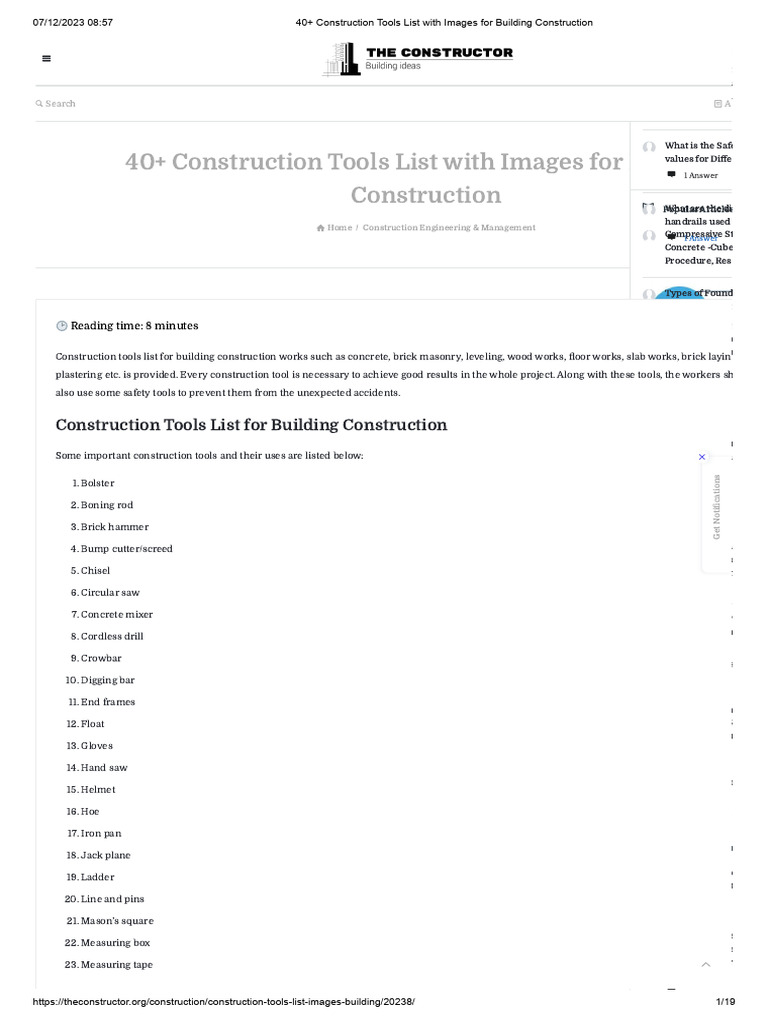 40+ Construction Tools List With Images For Building Construction PDF