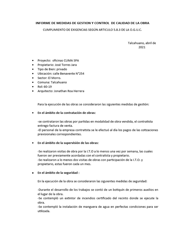 INFORME DE MEDIDAS DE GESTION Y CONTROL DE CALIDAD DE LA OBRA Clima Bio ...