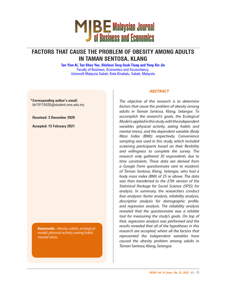 Obesity Causes in Klang Adults Study | PDF | Obesity | Body Mass Index