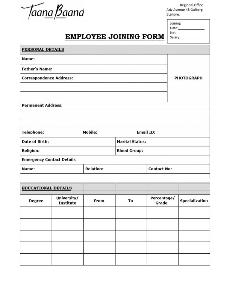 Employee Joining Form Template | PDF | Labor